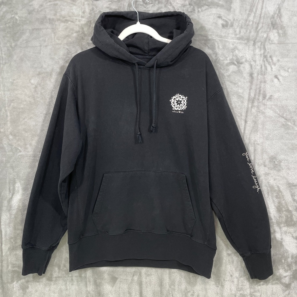 Natural Life Live Happy Floral Logo Hoodie Black Womens Small Oversized Casual